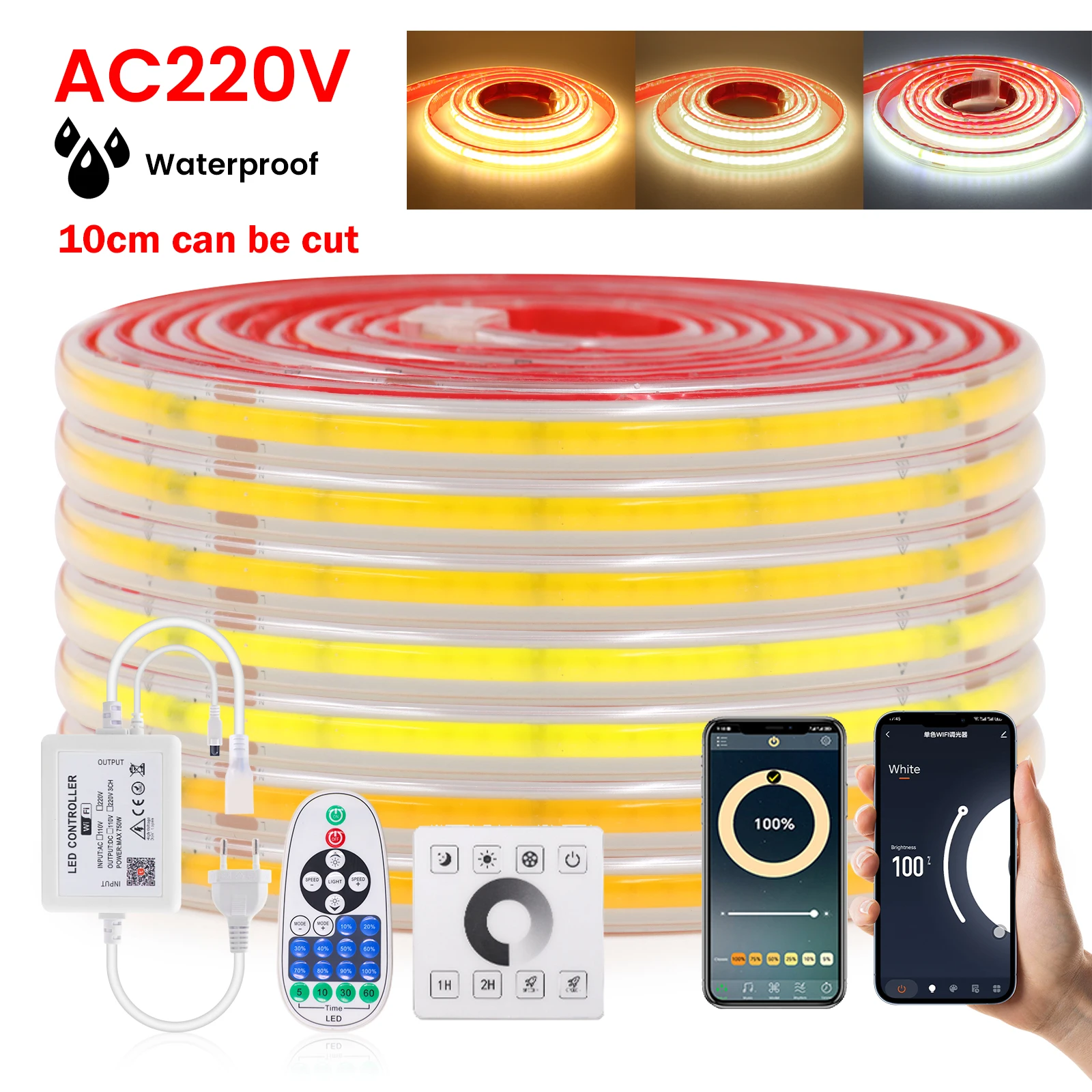 

220V COB LED Strip Dimmable 240LEDs/m Flexible Tape Wifi Bluetooth Wall Touch Remote Control Self Adhesive LED Strip for Home