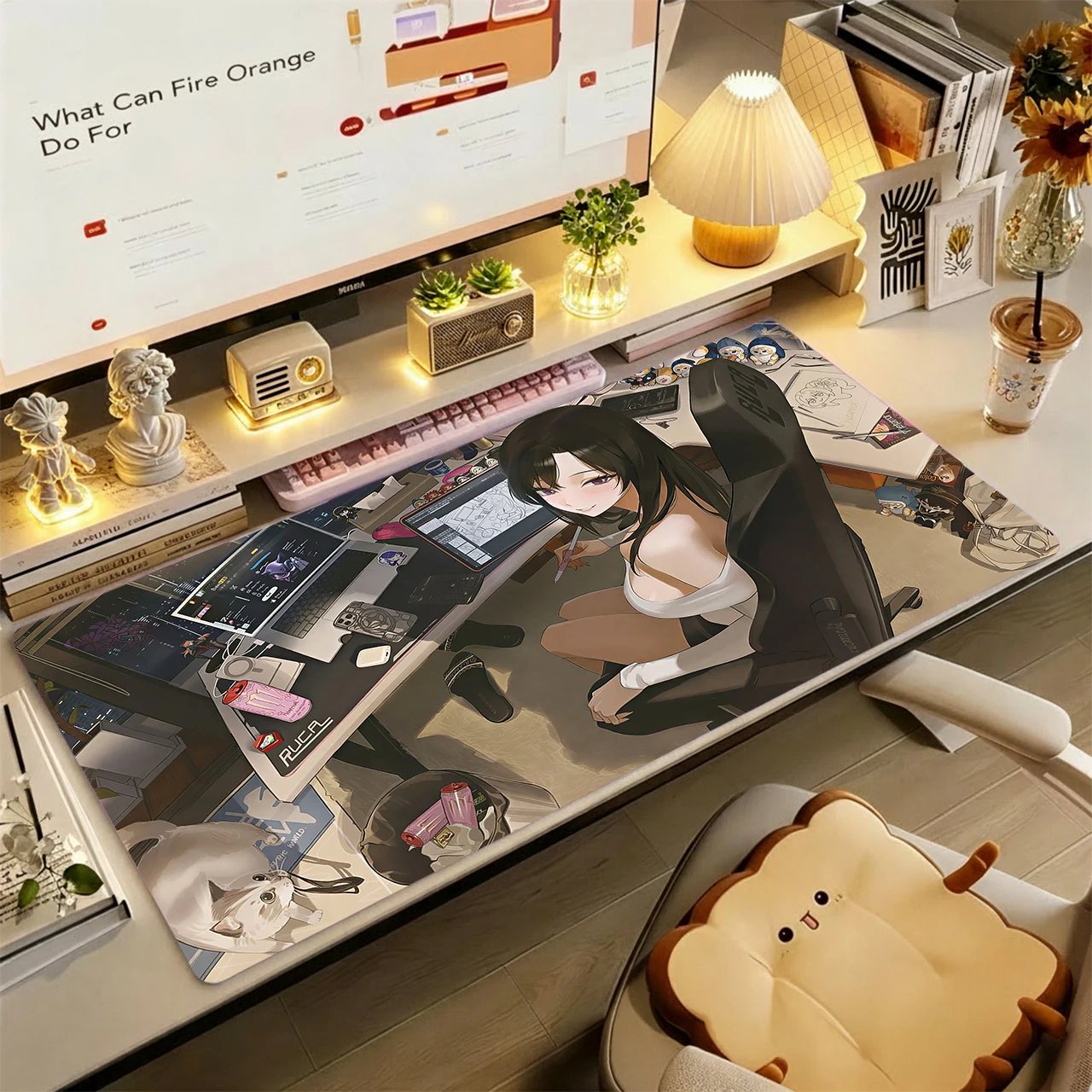 Gaming Mouse Pad, XXL Desk Mat, Anti-slip Base, Stitched Edges, Long Black Hair Girl Designer Desk Cat Cool Tone Print Mat