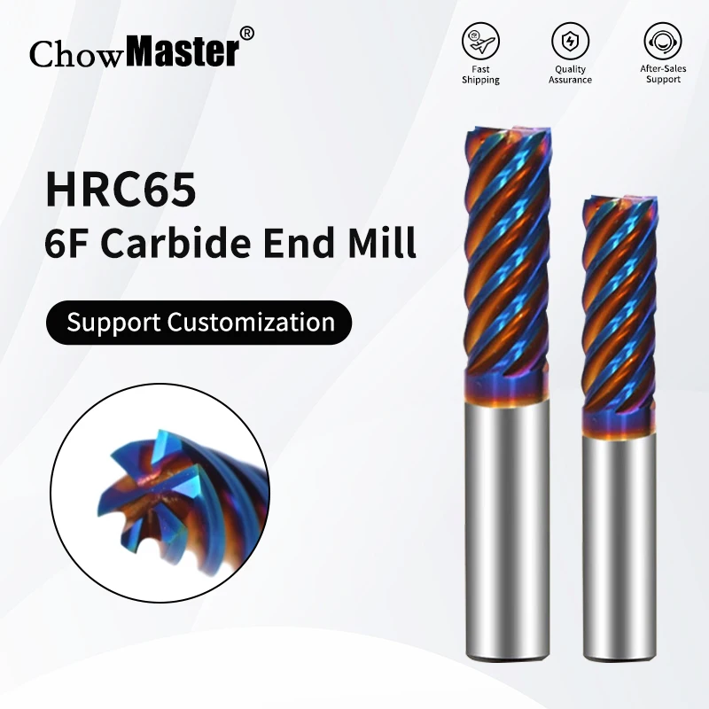 

Chowmaster 6-флейтовая твердосплавная концевая фреза HRC65 с нано-синим покрытием, карбидная фреза из вольфрама для инструментов с ЧПУ из нержавеющей стали