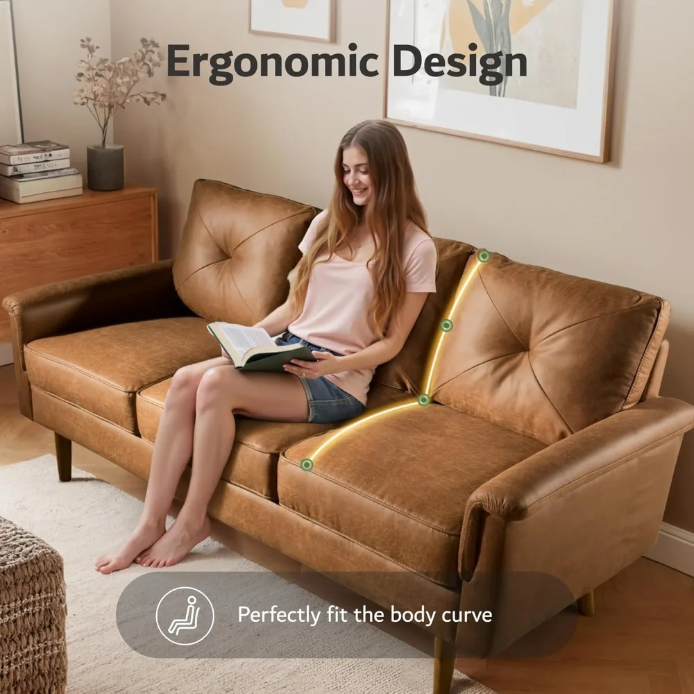 أريكة فاخرة بثلاثة مقاعد مع جلد صناعي، أريكة حديثة في منتصف القرن مع مسند ذراع مريح، أرائك مريحة بمقعد عميق، أريكة صغيرة #2