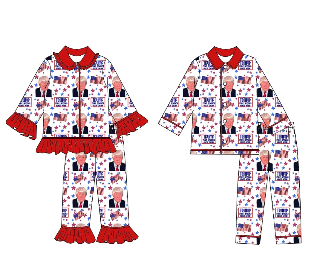 Independence Day Boutique Children's Set Long Sleeve Star Cartoon Print Pants Pajamas Set Baby Zipper Jumpsuit