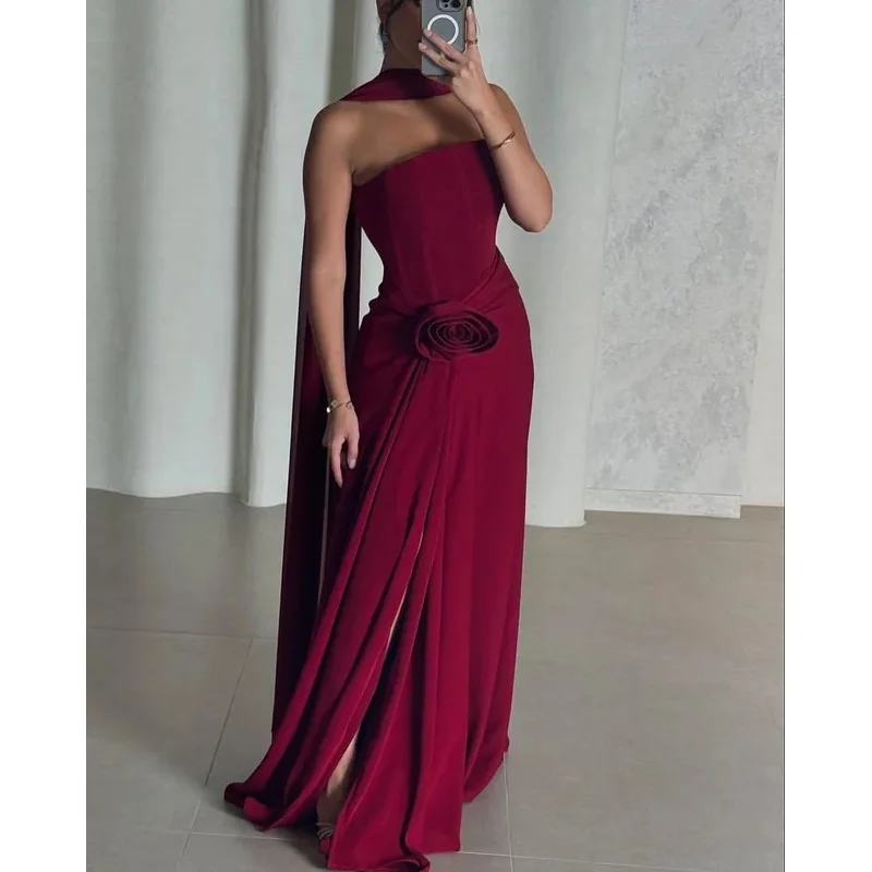 Indie Customized Saudi Sexy Red Prom Gown Women Strapless Floral Party Evening Dress 2025 Floor Length Special Occasion Dresses