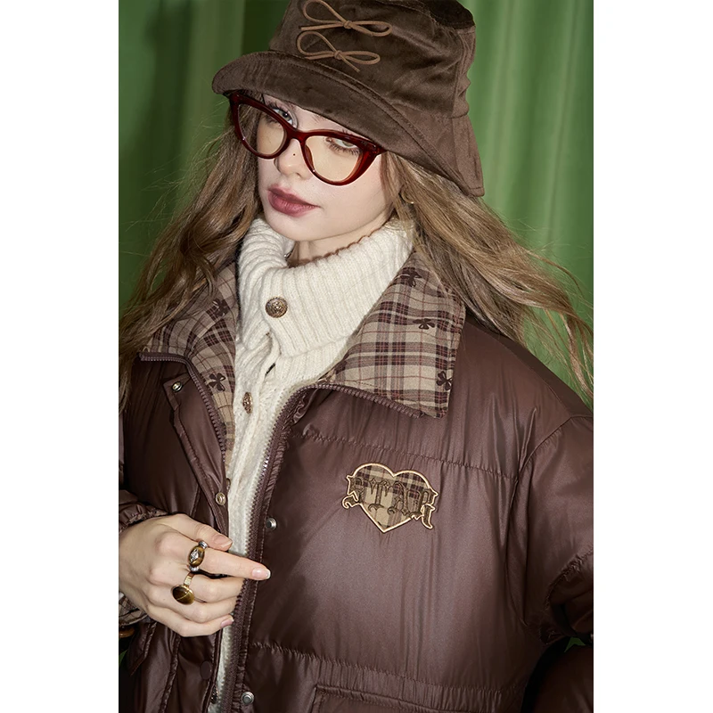 ELFSACK デザイン リバーシブル チェック柄 ハート刺繍 ラペル ショート ダウンジャケット 女性用