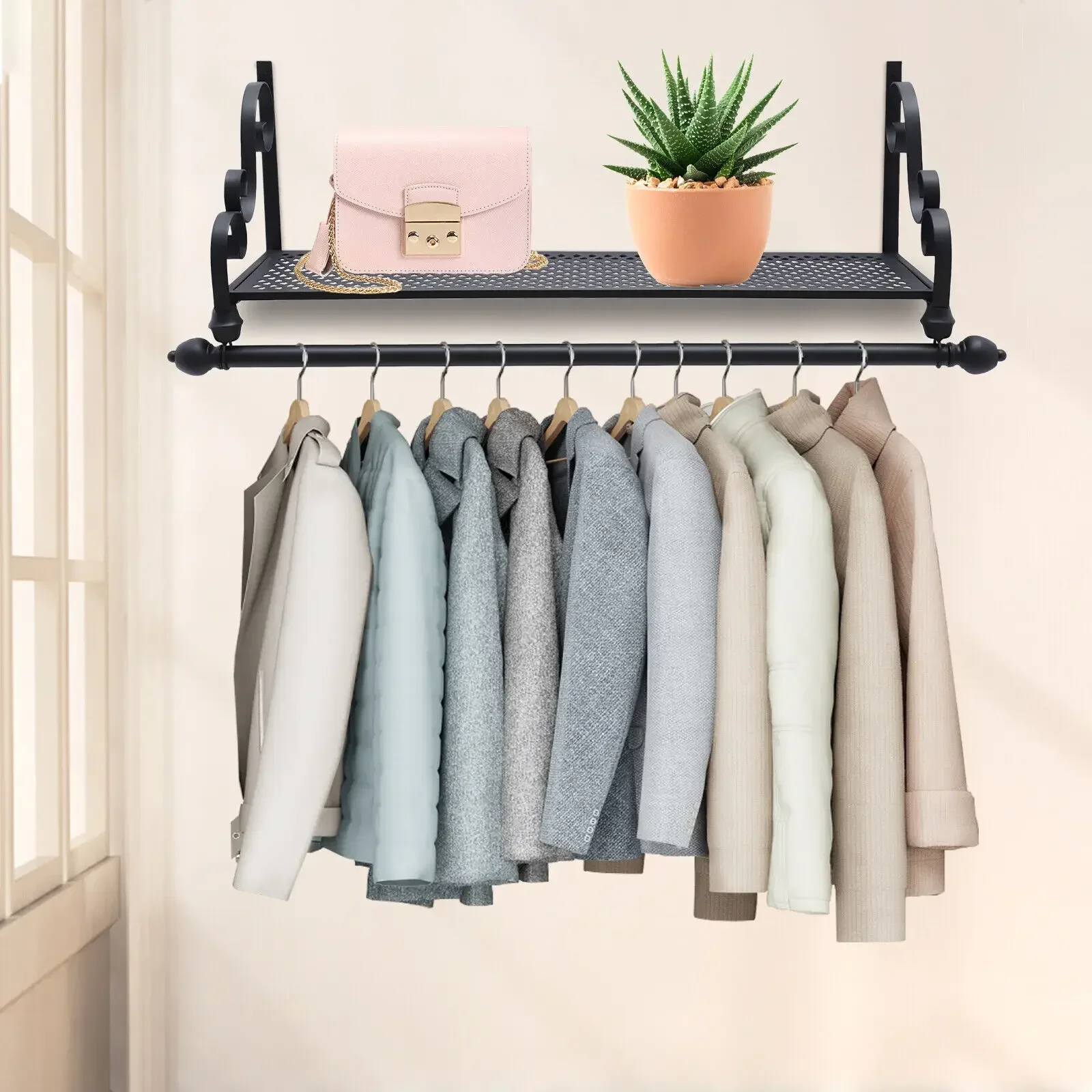 

Wall Mounted Wrought Iron Coat Rack with Hanging Shelf & Iron Clothing Rod