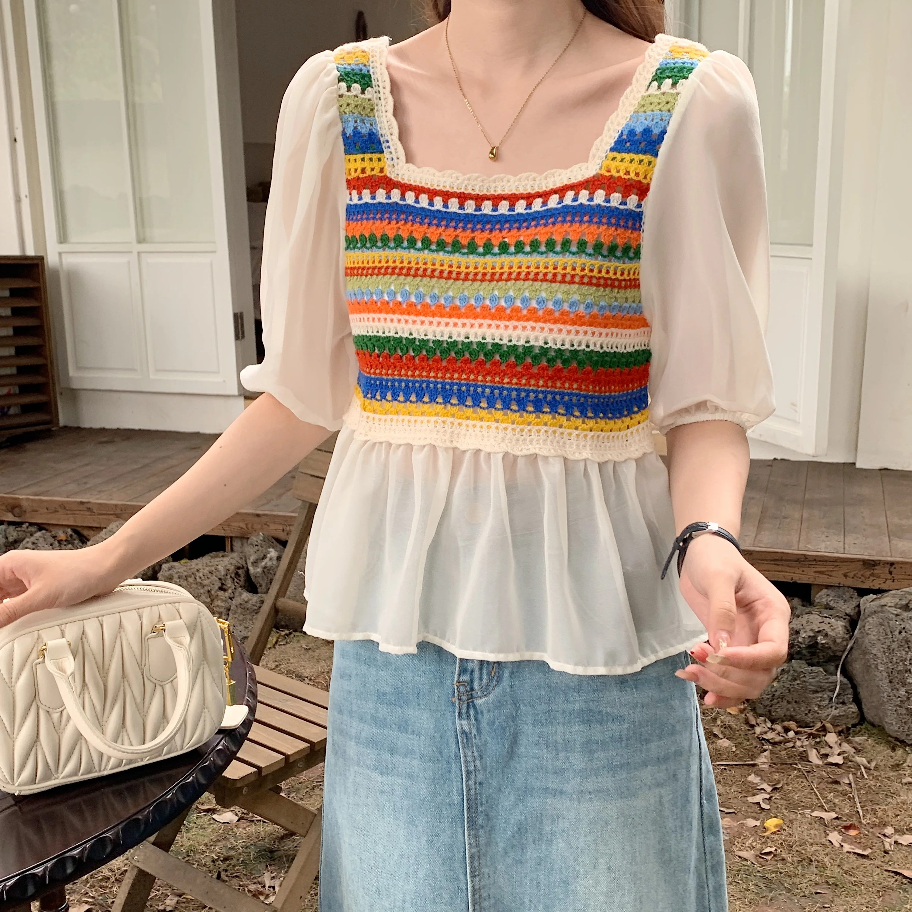 Rainbow Striped Crochet Knit Top for Women Square Neck Chiffon Half Sleeve Blouse Fairycore Cottagecore Spring Summer Outfit