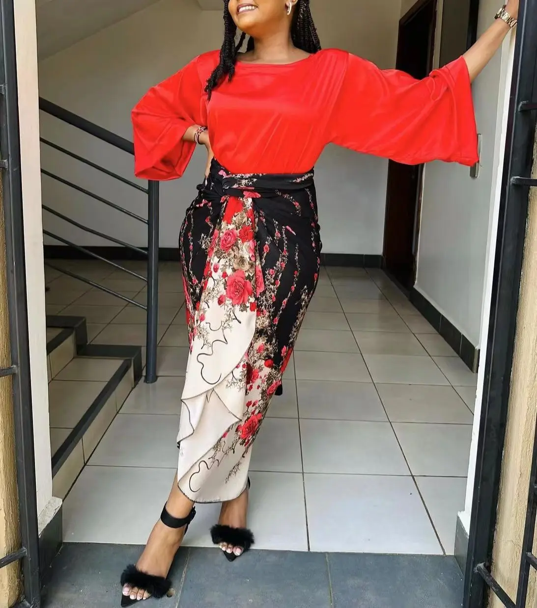 African Clothes for Women Summer Elegant African Women Two Pieces Set Loose Flare Sleeve Top Print Skirt Matching Sets