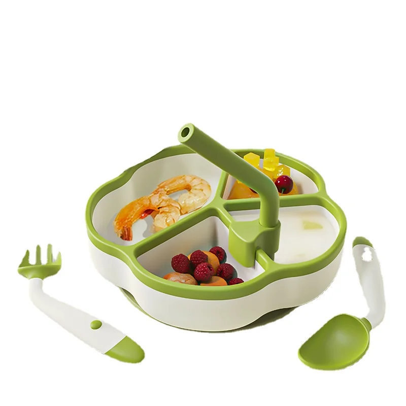 

Hxl Divided Plate Suction Cup Integrated Infant Silicone Straw Eating Bowl Tableware Set