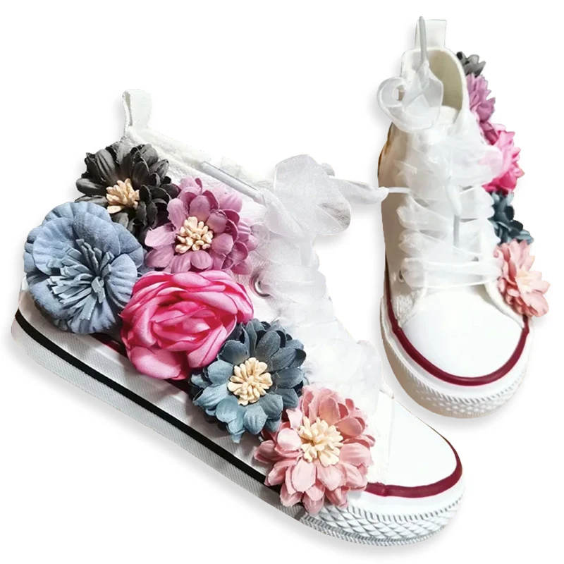 Popular Spring Summer Women Canvas Small White Shoes Women's High Tops Hand-customized Three-dimensional Sequins Flowers