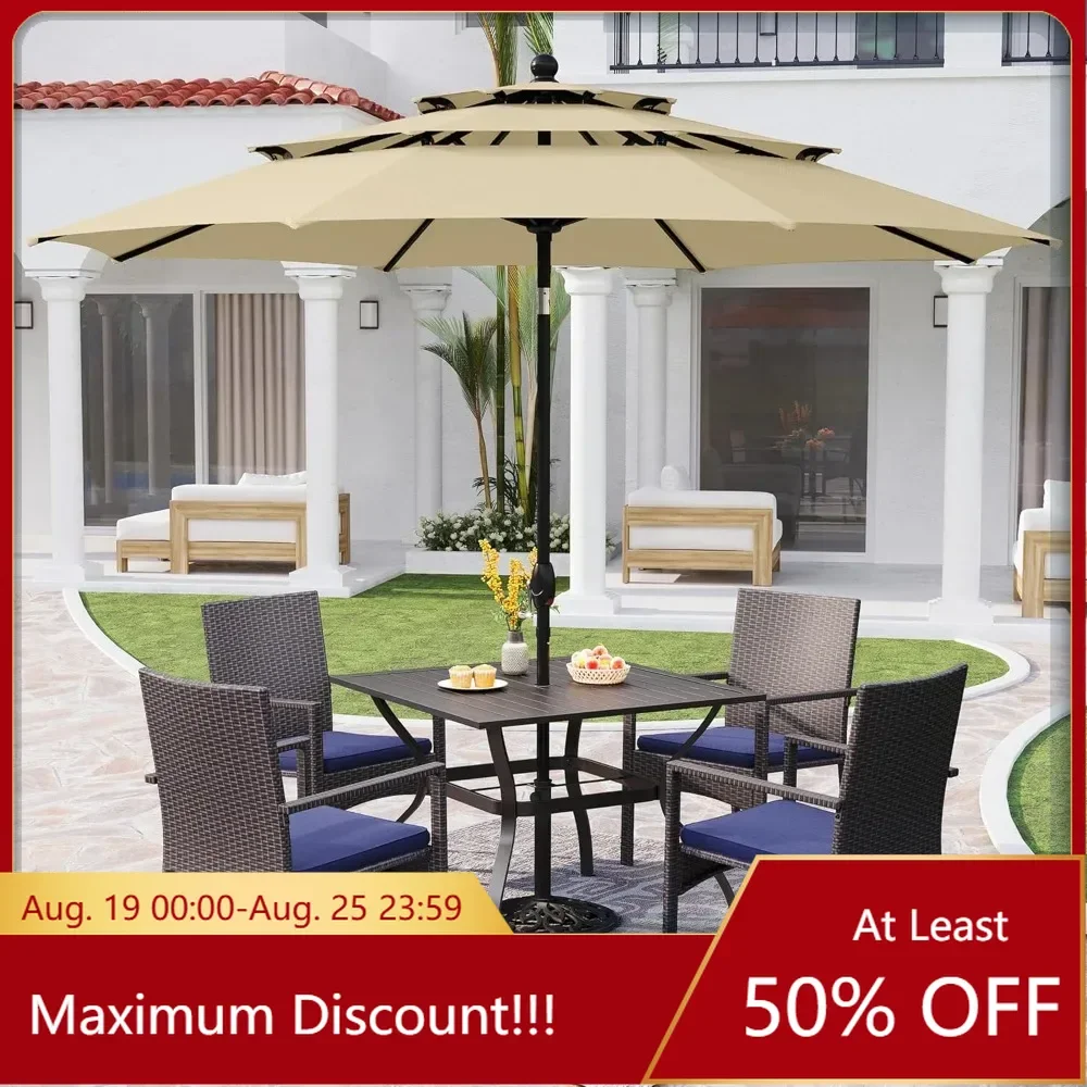 

5 Piece Outdoor Dining Set,37" Square Metal Dining Table & 4 Cushioned Wicker Rattan Chairs with 10ft Beige Umbrella for Patio