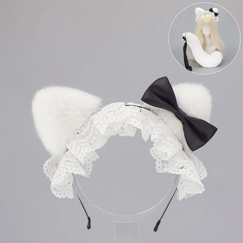 Bonito lolita conjunto meninas cocar arco orelhas de gato grampos de cabelo/bandana/cauda jk anime festa cosplay acessórios de pelúcia orelha de gato headwear