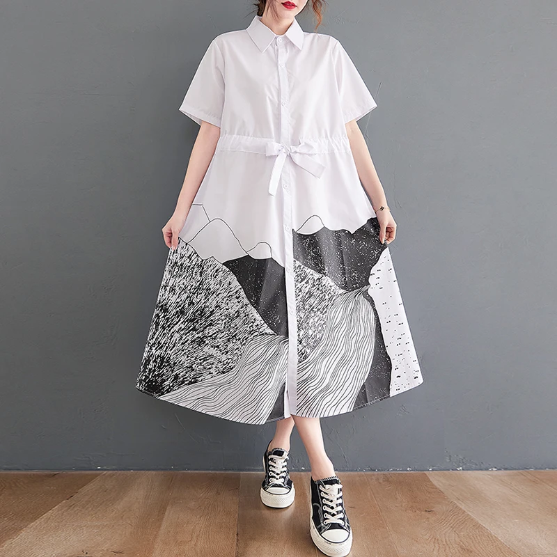 Water-Media Print Patchwork ort-Sve Dr con cintura y cuello Dstring para mujer de talla grande Faion de verano