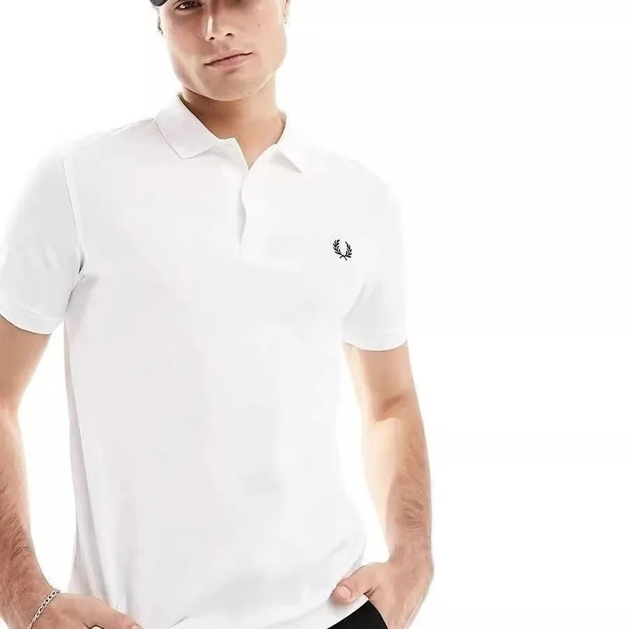 Fred Perry Cotton Embroidered POLO Men's solid-color collarless casual business shirt with short sleeves and embroidered T-shirt