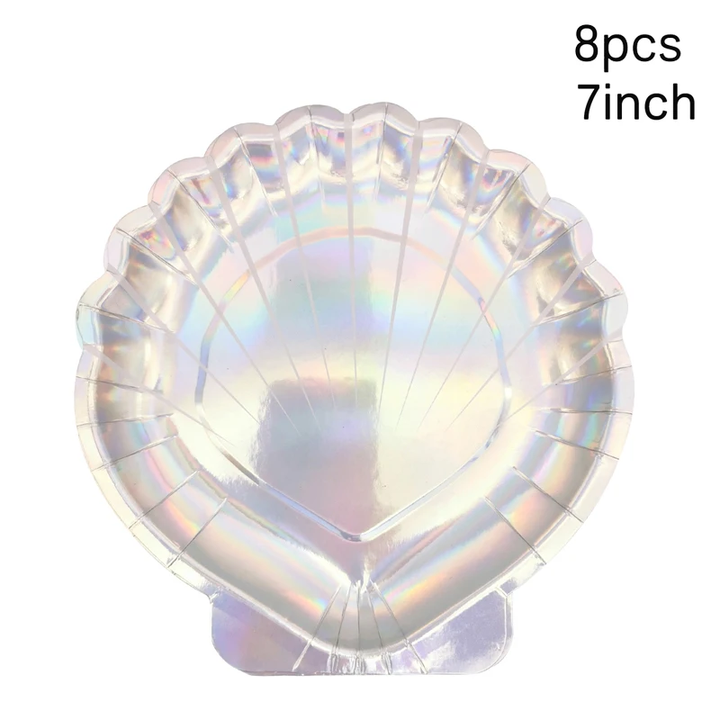 8Pcs Laser Shell Paper Plates Cups Disposable Tableware Girl Happy Birthday Party Baby Shower Ocean Mermaid Theme Party Supplies