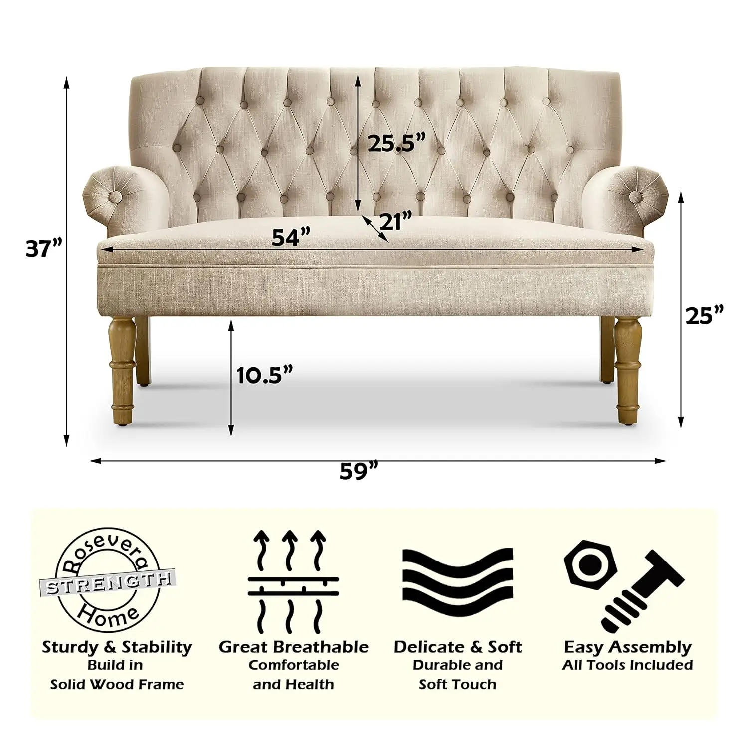 Loveseat Sofa for Living Room in Warm Beige Linen, Customized