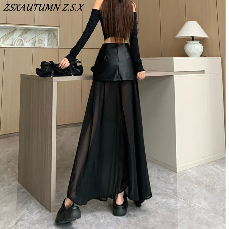 Saia de couro preto feminina malha fina costura saco de couro hip coreano plissado moda outono saia longa fishtail saia nova