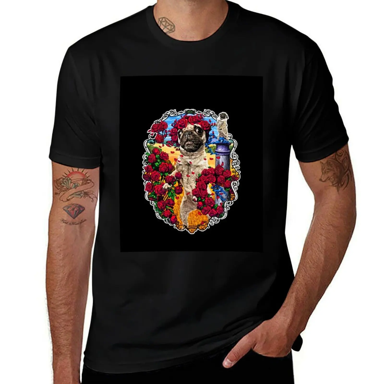 GRATEFUL PUGS N ROSES T-Shirt man t shirt luxury T-Shirt