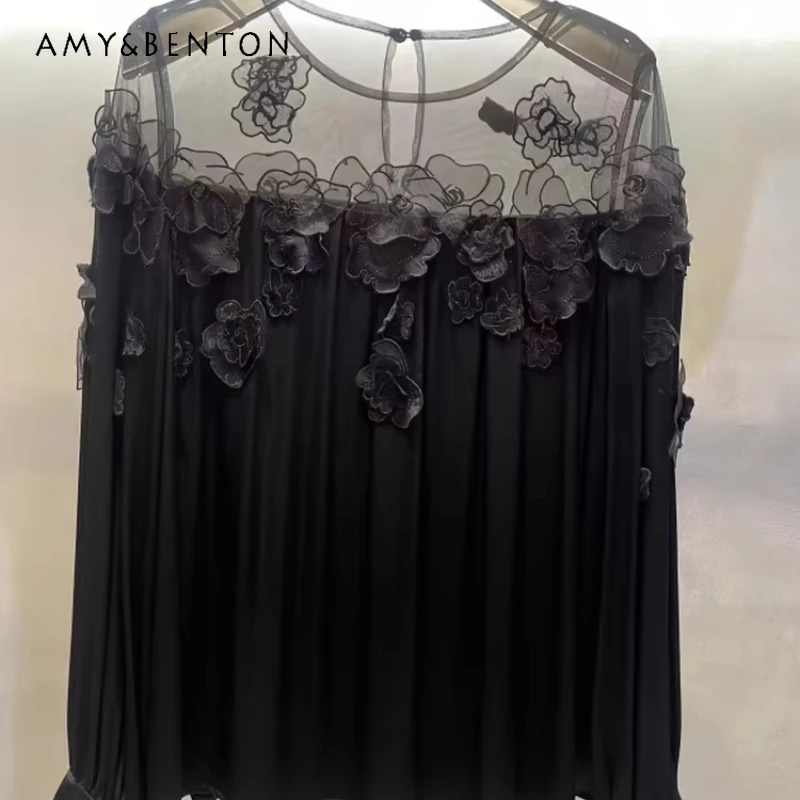 

French Design Splicing Mesh 3D Flower Long Sleeve Women's Shirt 2026 Spring Solid Color Fashionable Stylish Top Shirts Ladies