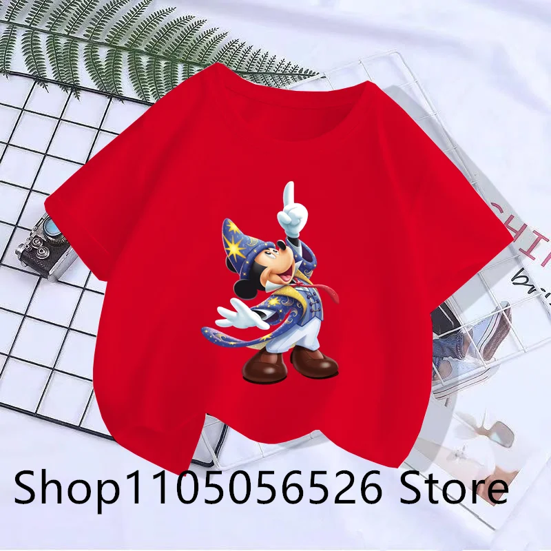 

Летняя однотонная одежда для девочек 2024, футболка с короткими рукавами и принтом Микки для мальчиков, детский мягкий дышащий топ с круглым вырезом из мультфильма