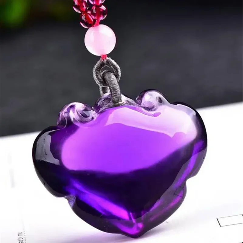 

Wholesale Purple Natural Crystal Pendant Carved Ruyi Lock Pendant Sweater Chain Necklace Luck for Women Wish JoursNeige Jewelry