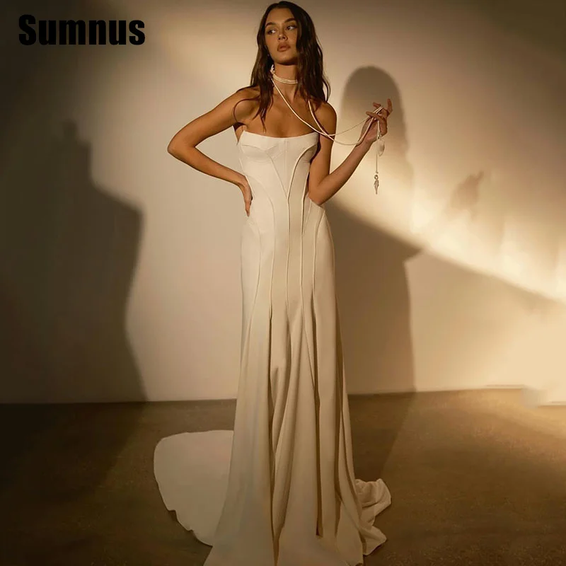 

Sumnus Elegant Mermaid Wedding Dresses Satin Floor Length Strapless Bridal Gowns Sleeveless Bride Dress Customized