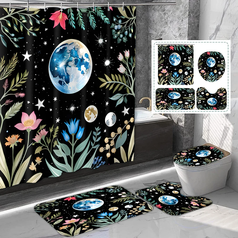 

1 комплект полиэстеровых занавесок для душа с принтом синей луны и цветочного сада, романтический и мечтательный стиль, с пластиковыми крючками, коврики для ванной комнаты
