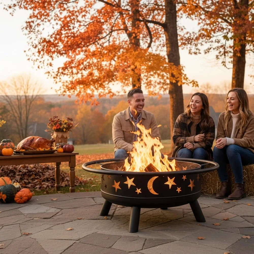 "Fogueira circular externa de queima de madeira de 32 polegadas com tampa de malha, pôquer e recortes de céu estrelado"