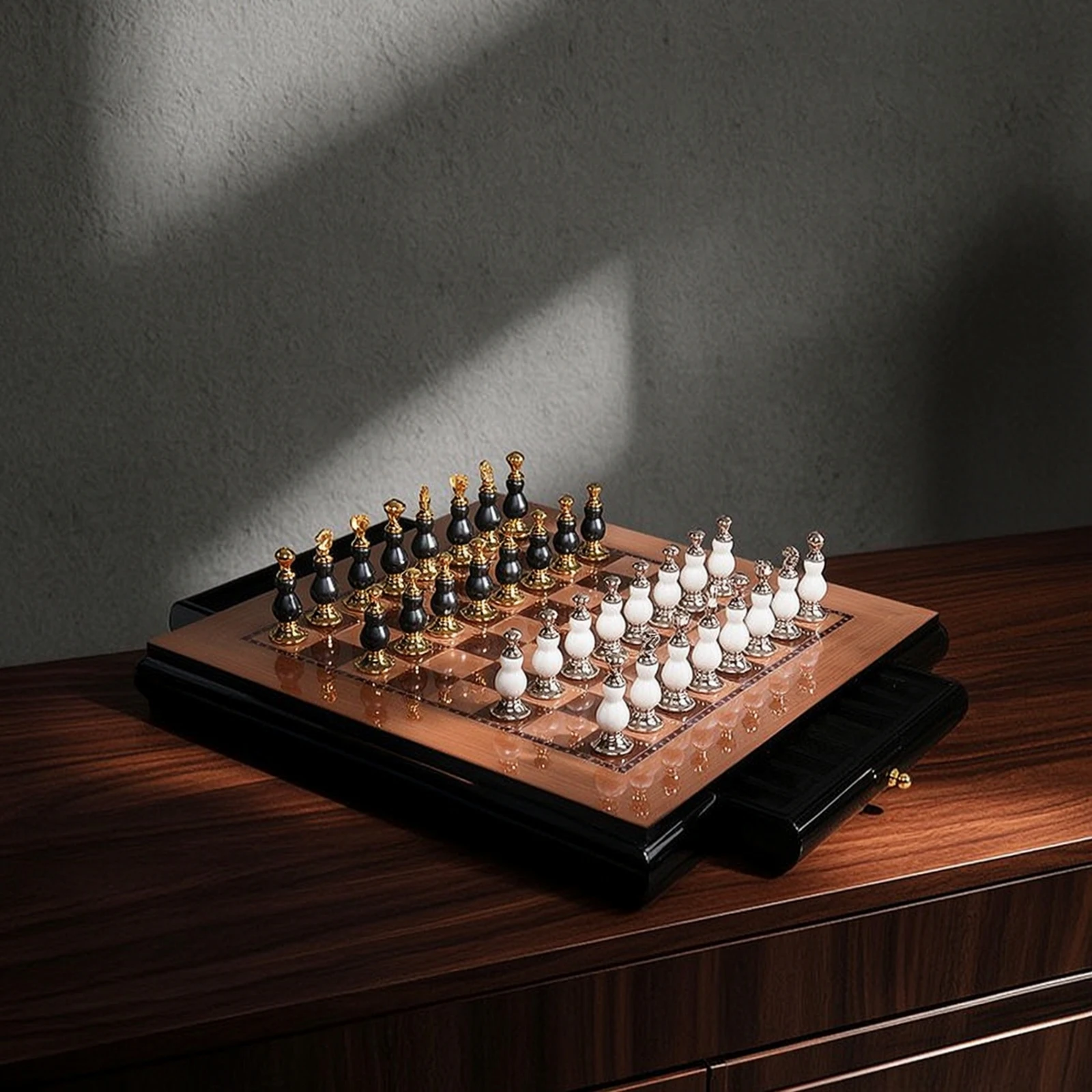 Chess Set with Drawers Glossy Chess Board with Drawers Chessboard Shiny Strategy Game Luxury for Collectors, Study