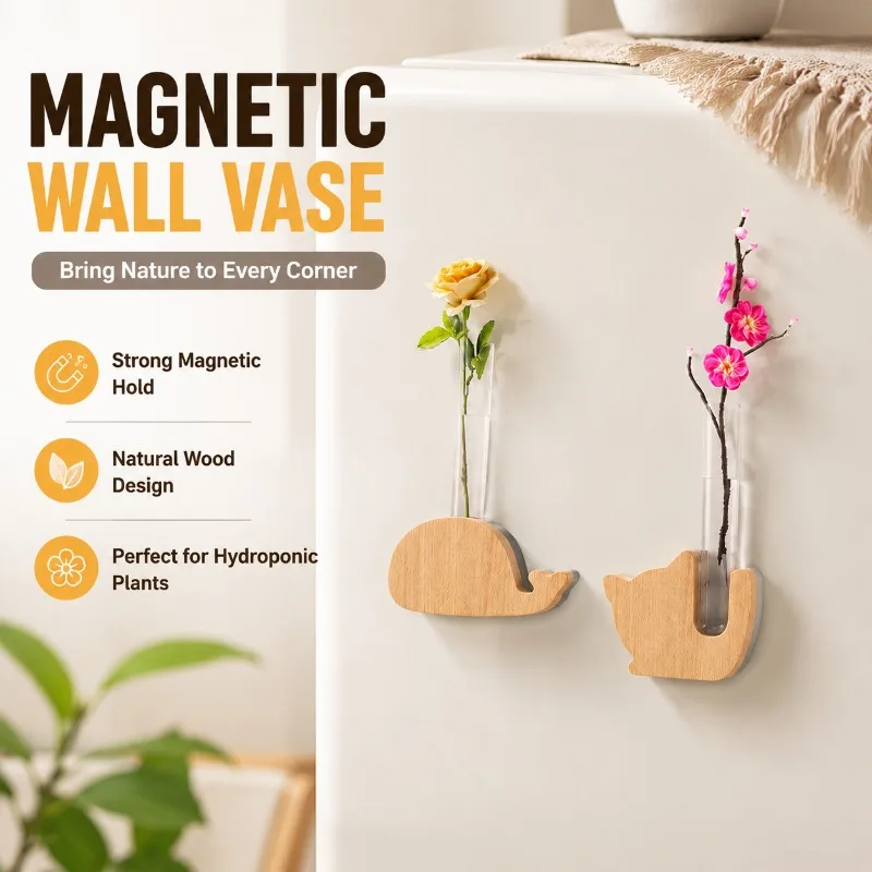 Raw Wood Fridge Magnet Vase Test Tube Floral Holder Creative Wall Mount Hydroponic Mini Bloom Container Detachable Refrigerator