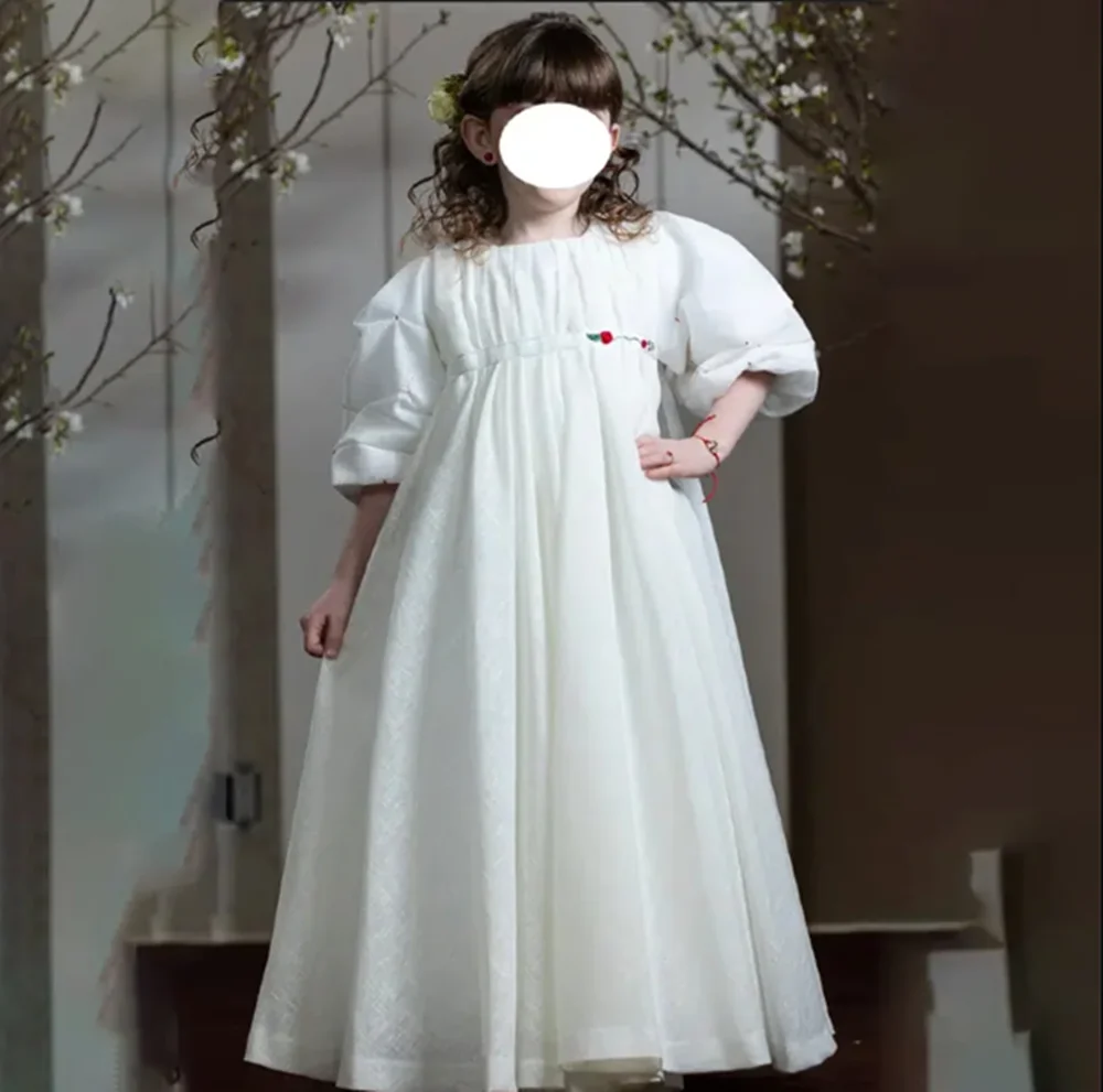 

Elegant Half Puff Sleeve Pleat A Line Long First Communion Dress Ankle Length Classic Simple Style Flower Girl Gown Customized