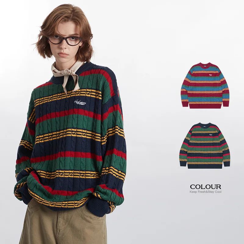 

Ретро-японский модный вязаный свитер в полоску с узором Fair Isle, пуловер с круглым вырезом, осенне-зимний повседневный трикотаж для пар