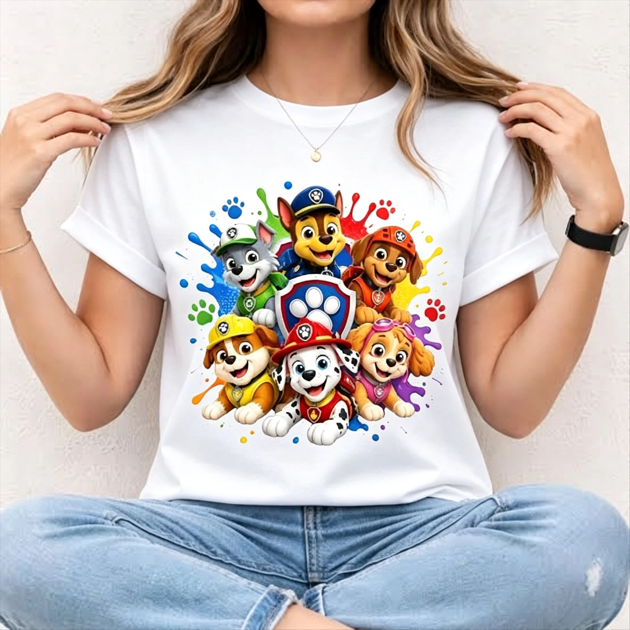 Paw Patrol Printed T-shirt Women's Short Sleeved Casual T-shirt Cartoon Dog Pattern Top Birthday Party Matching Family T-shirt