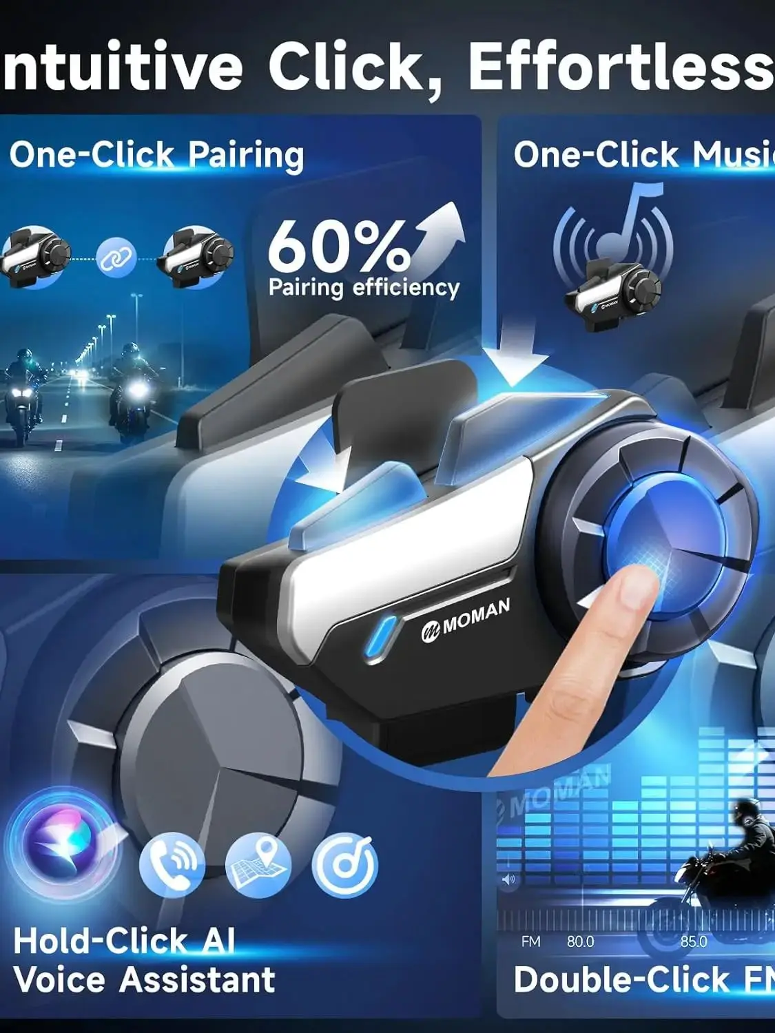 【FR STOCK】Moman 2Pack Motorhelm Intercom Headset 4-modi Dynamische audiomixing 1KM bereik Draadloos communicatiesysteem - afbeelding 2