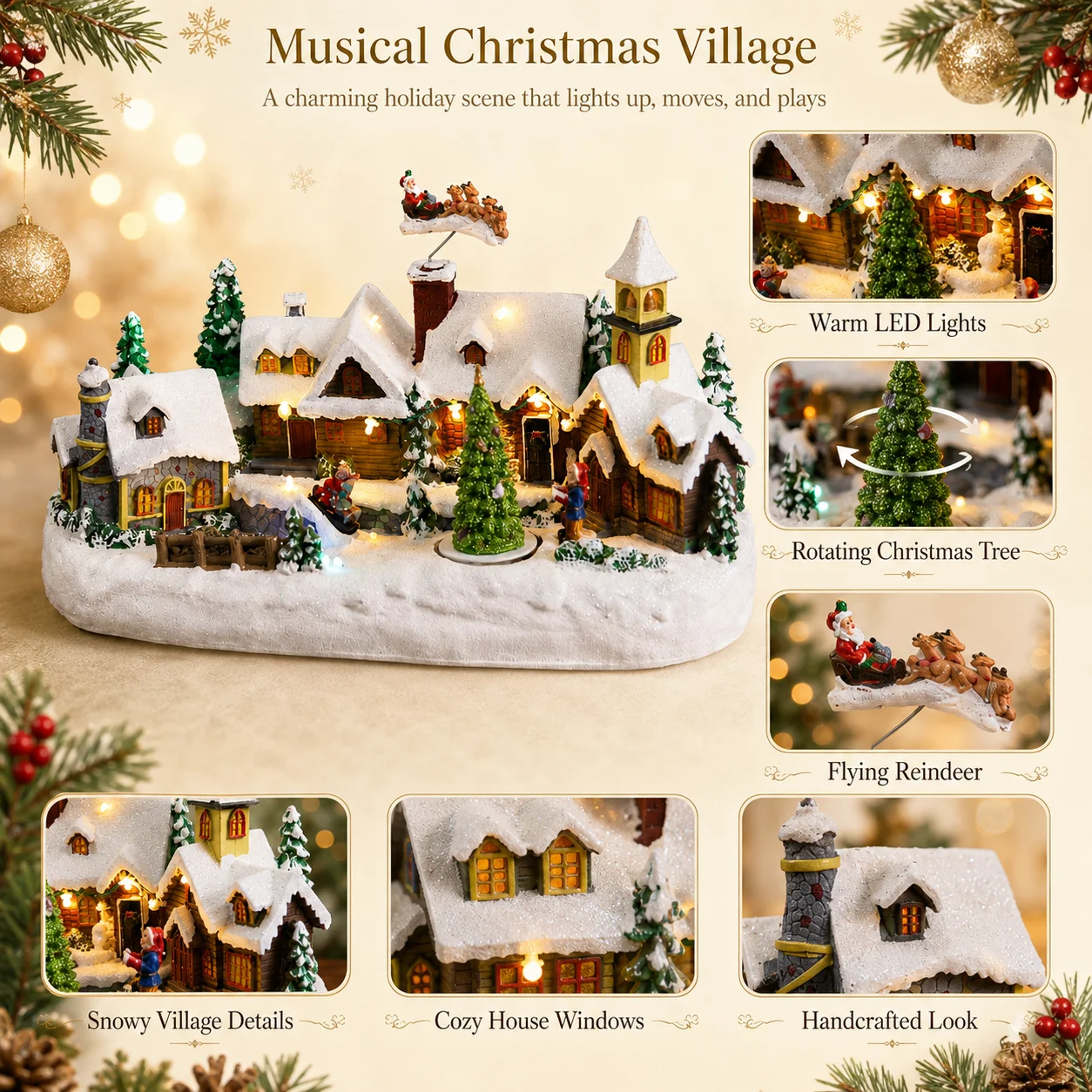 Long Christmas Village Music Box Resin, Flying Reindeer & Rotating Tree LED Snowy Houses 8 Songs 35cm