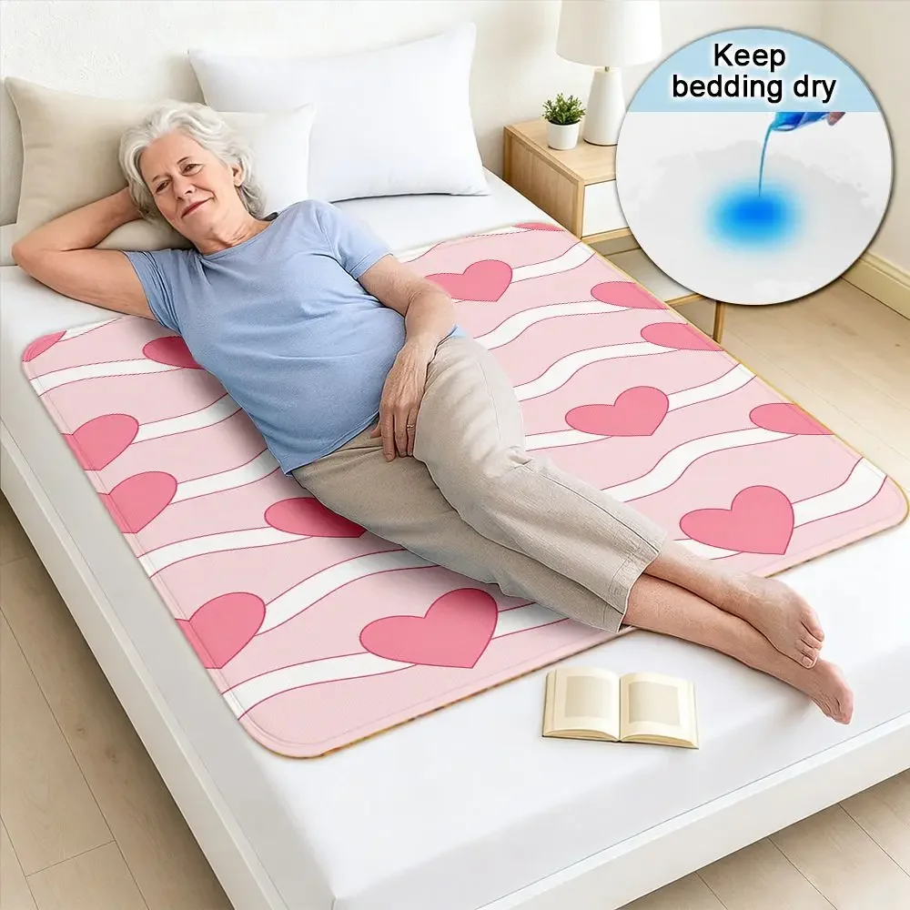 Washable & Reusable Care Urine Pad, Pink Hearts On Wavy White Background Pattern, Incontinence Bed Pad for Adults & Elderly