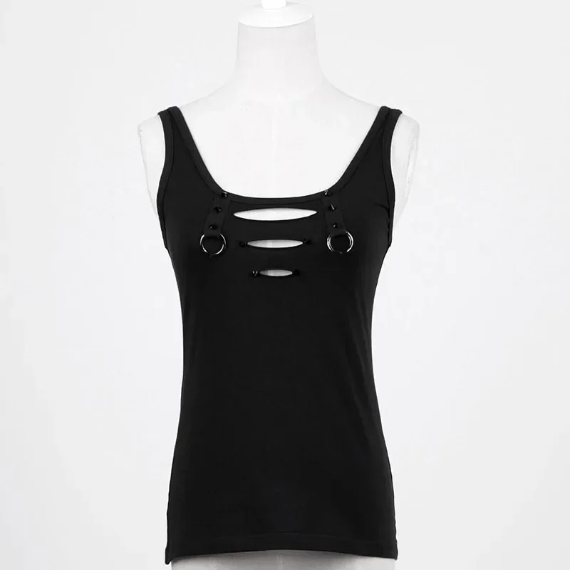 PUNK RAVE Punk Rock Broken-hole Black Iron Loops Sexy Knitted Vest Women Summer Casual Cotton Tee Shirt Hollow Out Tank Tops