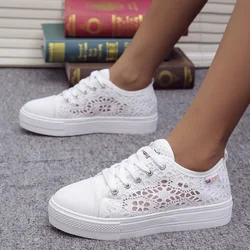 Women Shoes Fashion Summer Casual White Shoes Cutouts Lace Canvas Hollow Breathable Platform Flat Shoes Woman Sneakers