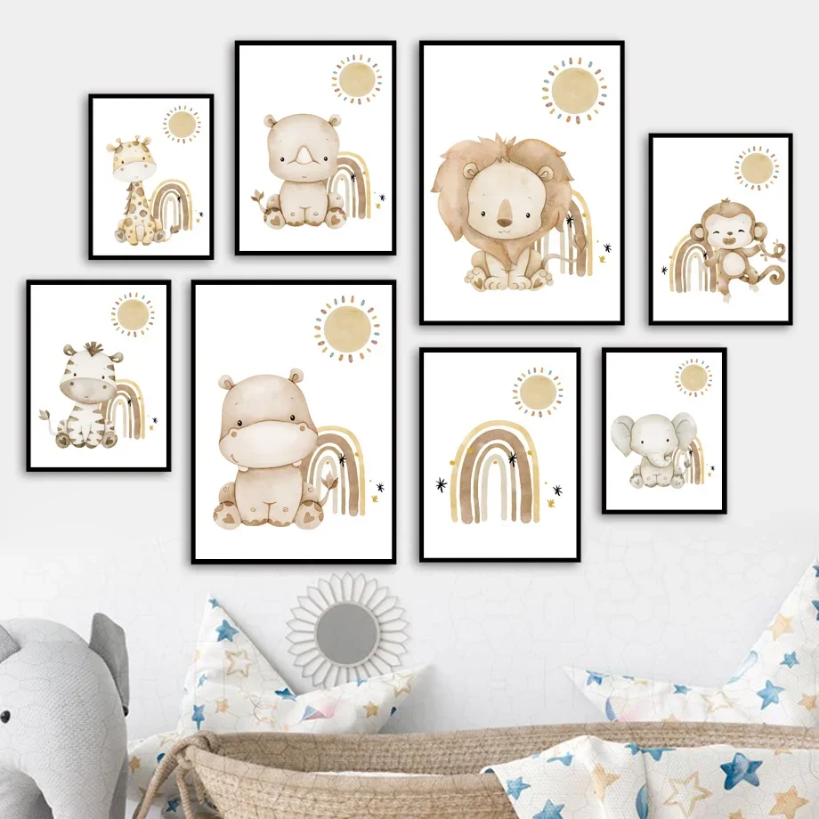 1pc frameless Canvas Painting Cute Lion & Sun Animal Themed Wall Art Canvas - Boho Nursery Poster for Baby's Kids Room Cartoon A
