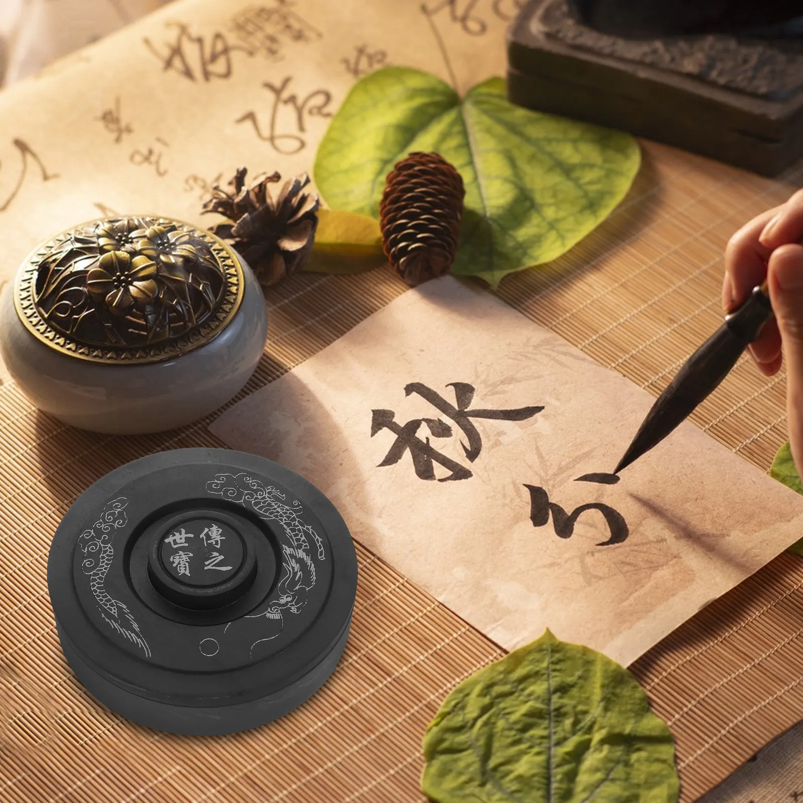 

5-дюймовая компактная каллиграфическая тушечница с крышкой в ретро-стиле, портативный камень для измельчения туши для студентов и художников, для письма