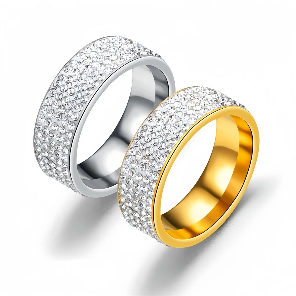 Vintage Retro Style Stainless Steel Ring for Women 3/5 Row Clear Crystal Fashion Engagement Wedding Band Jewelry