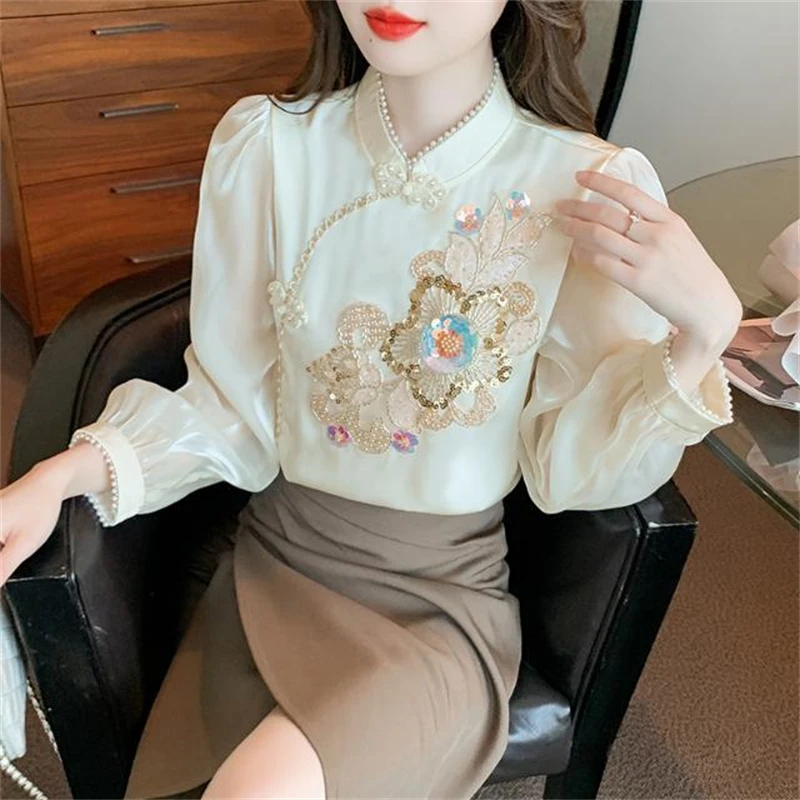 Women Chinese Style Vintage Embroidery Luxury Design Blouses Fashion Elegant Chic Beaded Sequins Shirts Female Long Sleeve Tops