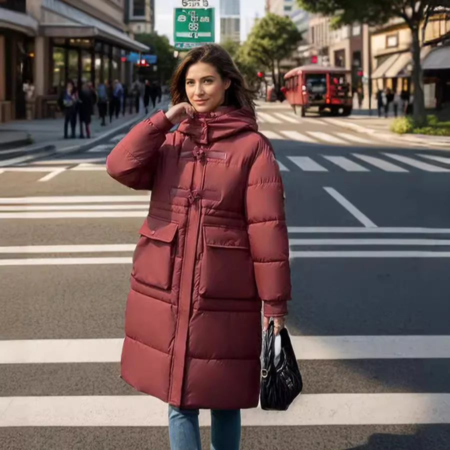 

KIDCRKJ Winter Women Long Cotton Jacket Female Pure Color Hooded Long Parkas Coats Women's Thicken Warm Jacket Women's Clothing