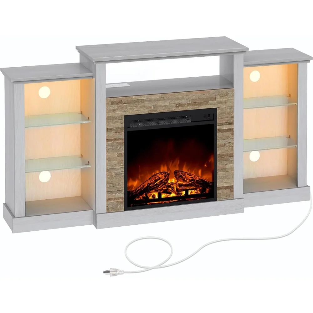 Kamin-TV-Ständer mit LED-Leuchten und Steckdosen, TV-Konsole für 32" 43" 50" 55" 65", Entertainment-Center