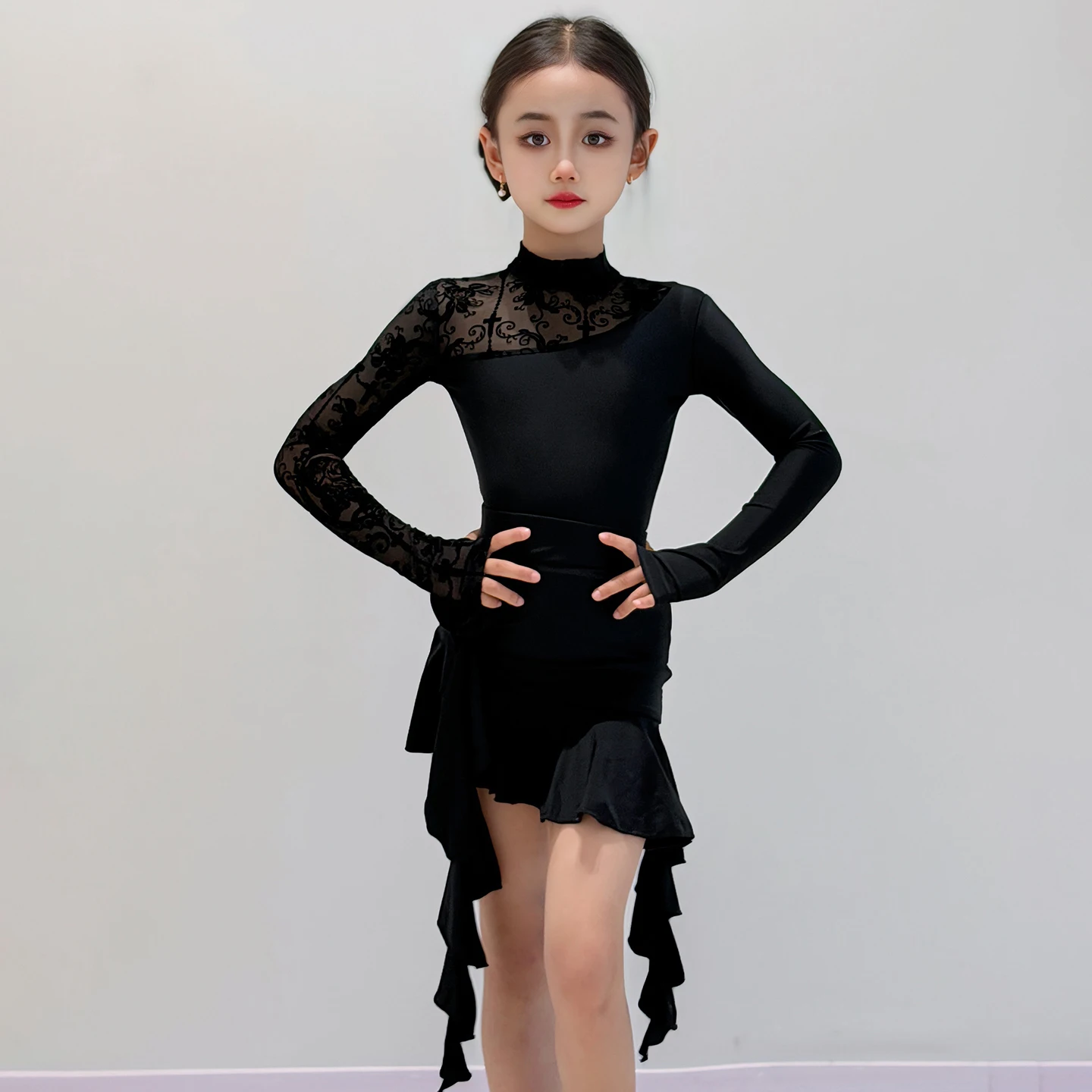 새로운 긴 소매 블랙 라틴 댄스 슈트 어린이 탱고 룸바 라틴 댄스 의상 소녀 라틴 탑 프릴 스커트 옷 SL14600