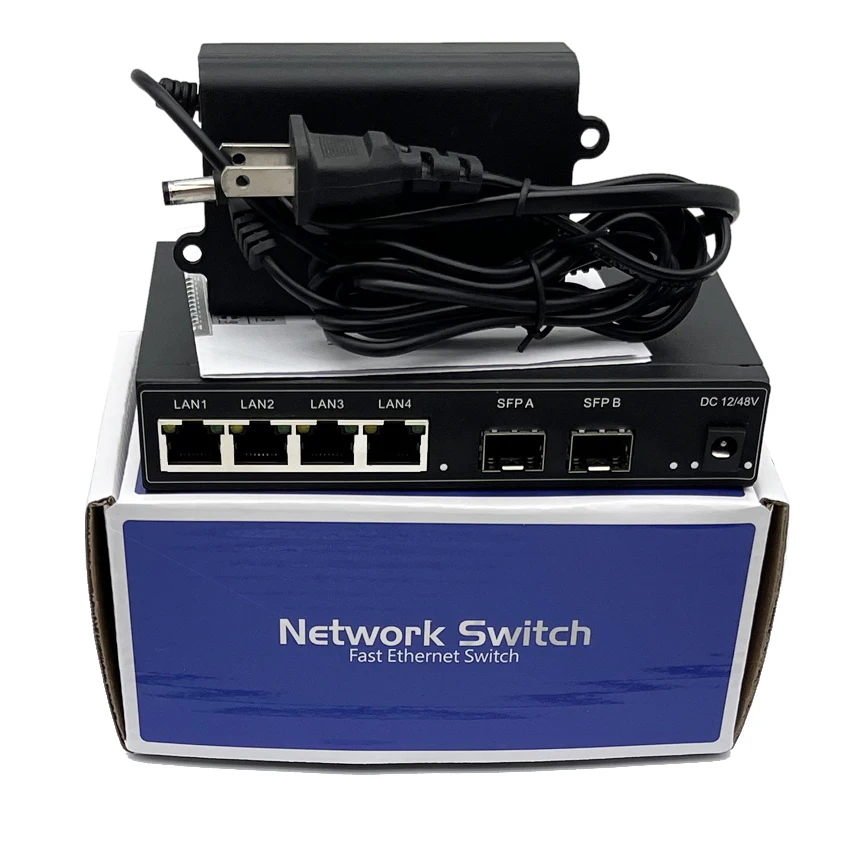 Wall Mounted 4 Port 10/100/1000Mbps Ethernet PoE Switch Gigabit Unmanaged Network PoE Switch with 2 SFP Ports