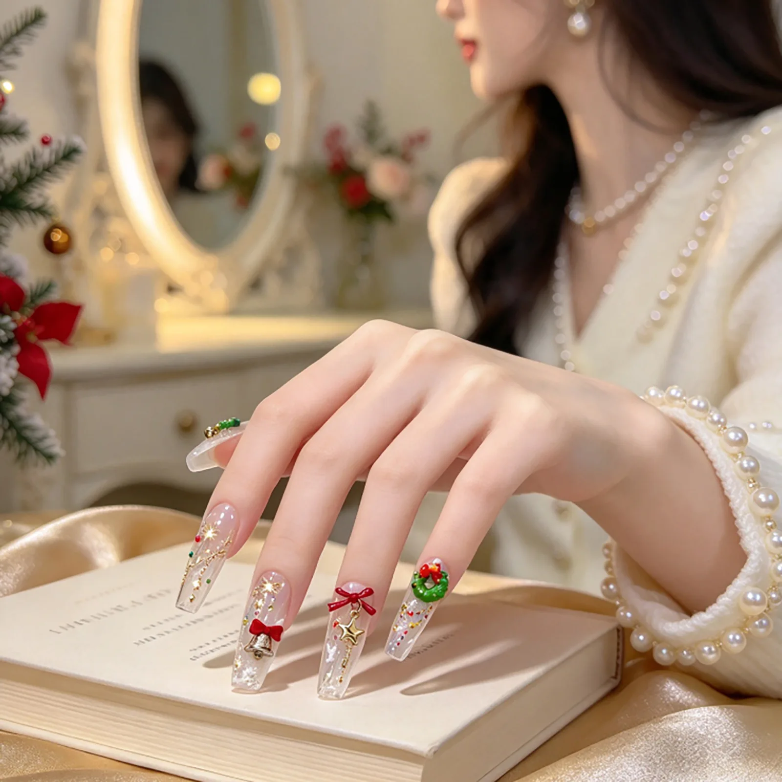 Gold Snowflake Necklace Chain 3D Nail Stickers Colourful Dot Pendant Curtain Hexagram Adhesive Nail Art Sticker Manicure Decals
