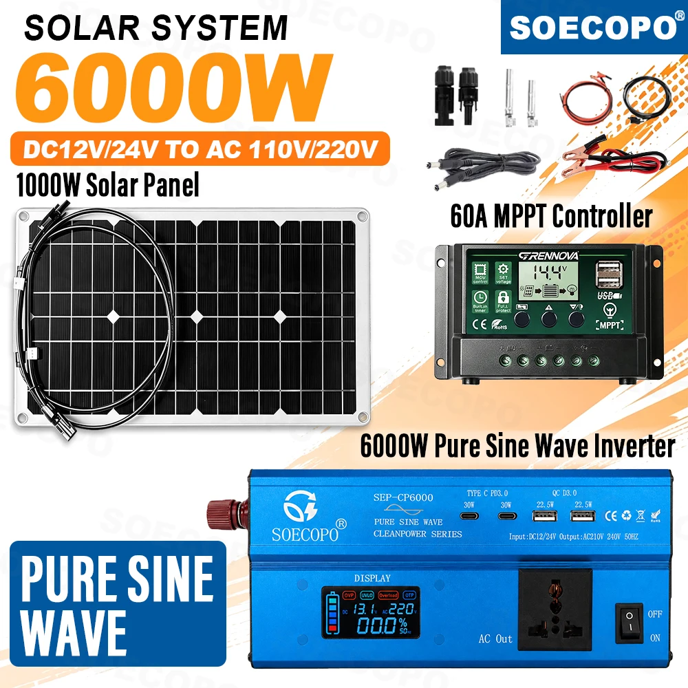 6000W Pure Sine Solar Kit |1000W Panel + 60A MPPT Controller + Fast Response Inverter | Farm Use RV Camping Home Off Grid Backup