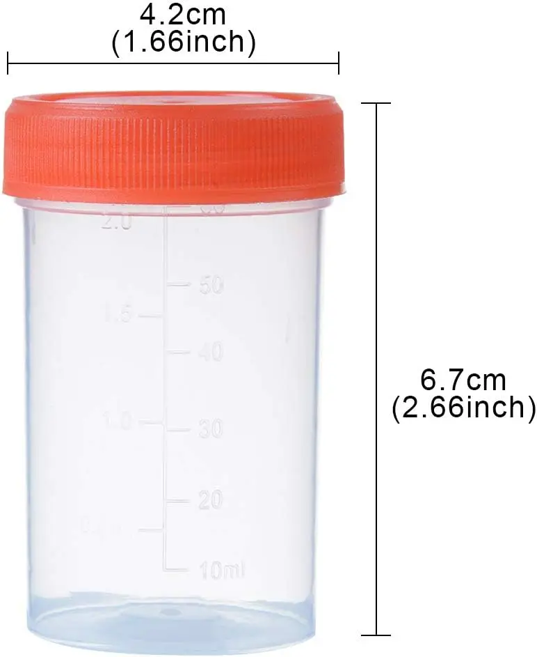 60ML Sterile Specimen Cups with Lids 2OZ Screw-on Cap Red Cover Measuring Containers Seal Disposable sampling cup，10Pcs