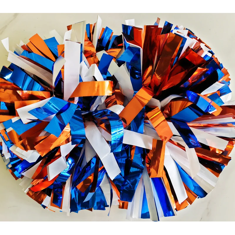 

Cheerleading Pom Pom, Metallic Orange, Metallic White and Royal Blue