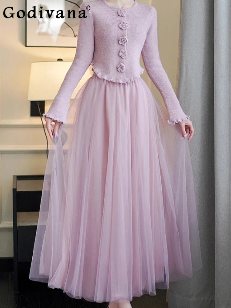 Французский романтический фиолетовый трехмерный вязаный топ с длинными рукавами и цветочным принтом, осенняя модная газовая универсальная юбка с высокой талией для девочек