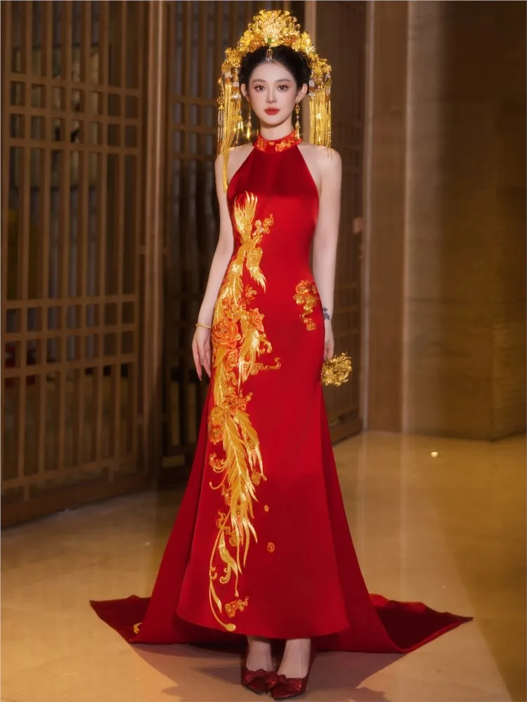New style of heavy-duty embroidered  Chinese-style engagement dress dragon and phoenix gown trailing return home wedding formal